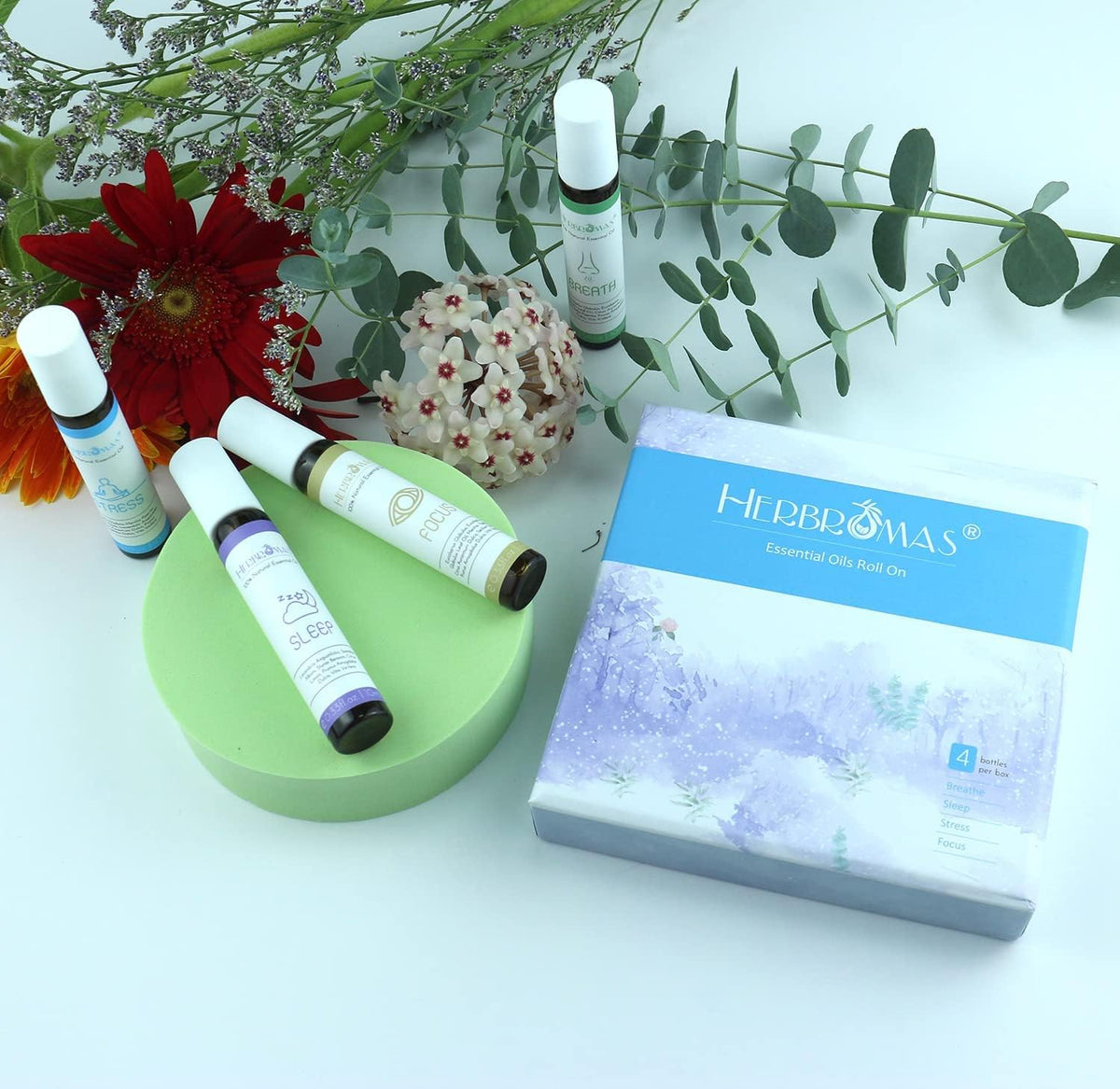 Aromatherapy Oils Roller Set, Natural Pre-diluted Essential Oils Roll On with Glass Rollerball, Relaxation Gift for Women & Men, Christmas Gift, Pack 4 x 0.33fl.oz
