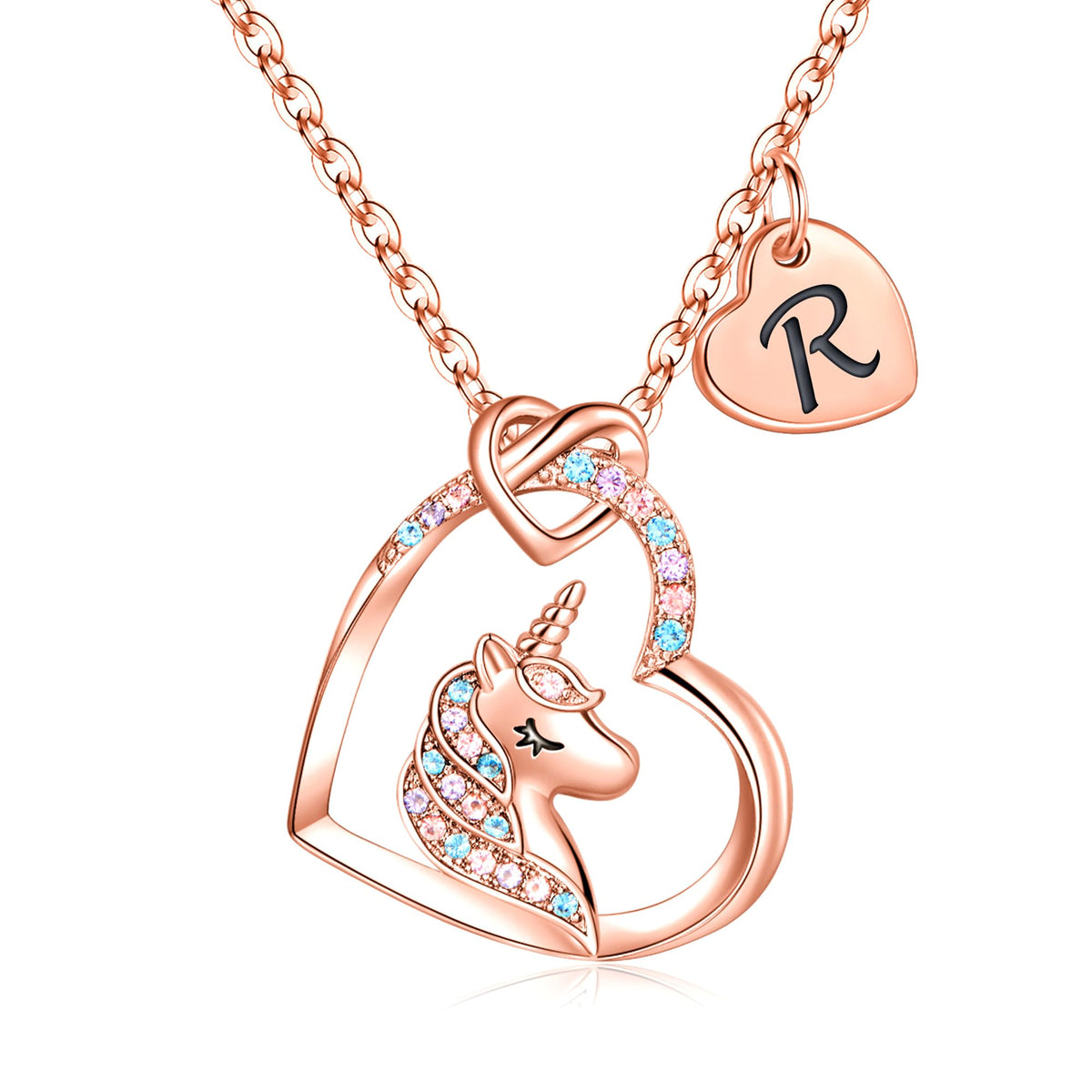 Hidepoo Unicorn Necklace - 14K Rose Gold Plated Cubic Zirconia Heart Pendant Unicorn Jewelry R Initial Heart Necklace Birthday Gifts