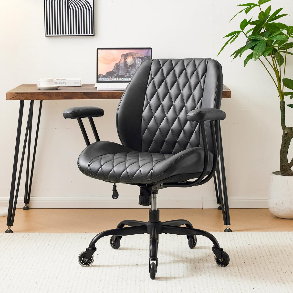 YFO Home Office Desk Chair Office Rubber Casters Ergonomic Computer Chair with Lumbar Support Adjustable Height Rolling Swivel Executive Task Armrests ChairοΌ Black PU