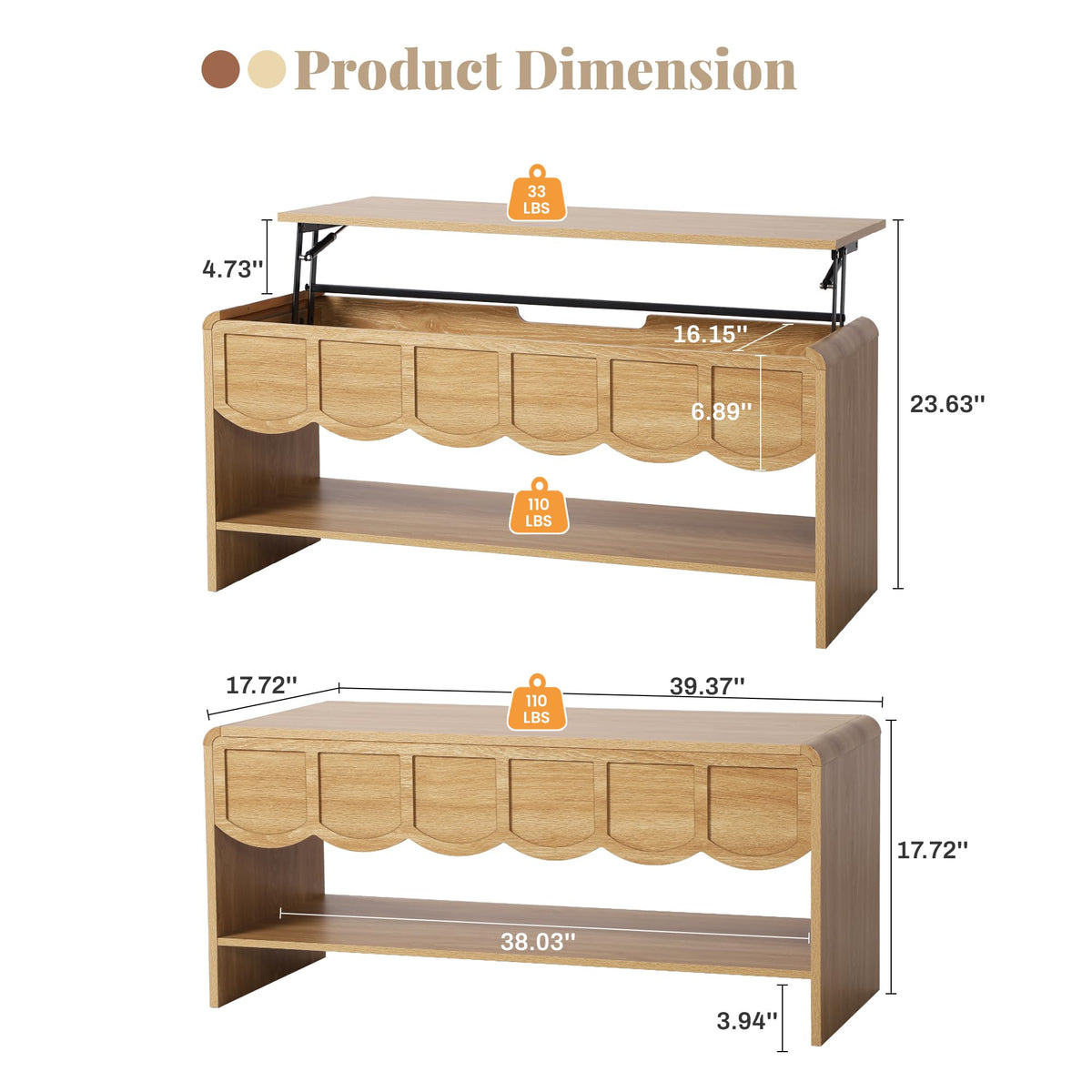 Lift Top Coffee Table with Hidden Compartment, 2 Tier Wooden Center Table with Wave Panel, Modern Lift Tabletop for Home Living Room Office, Natural