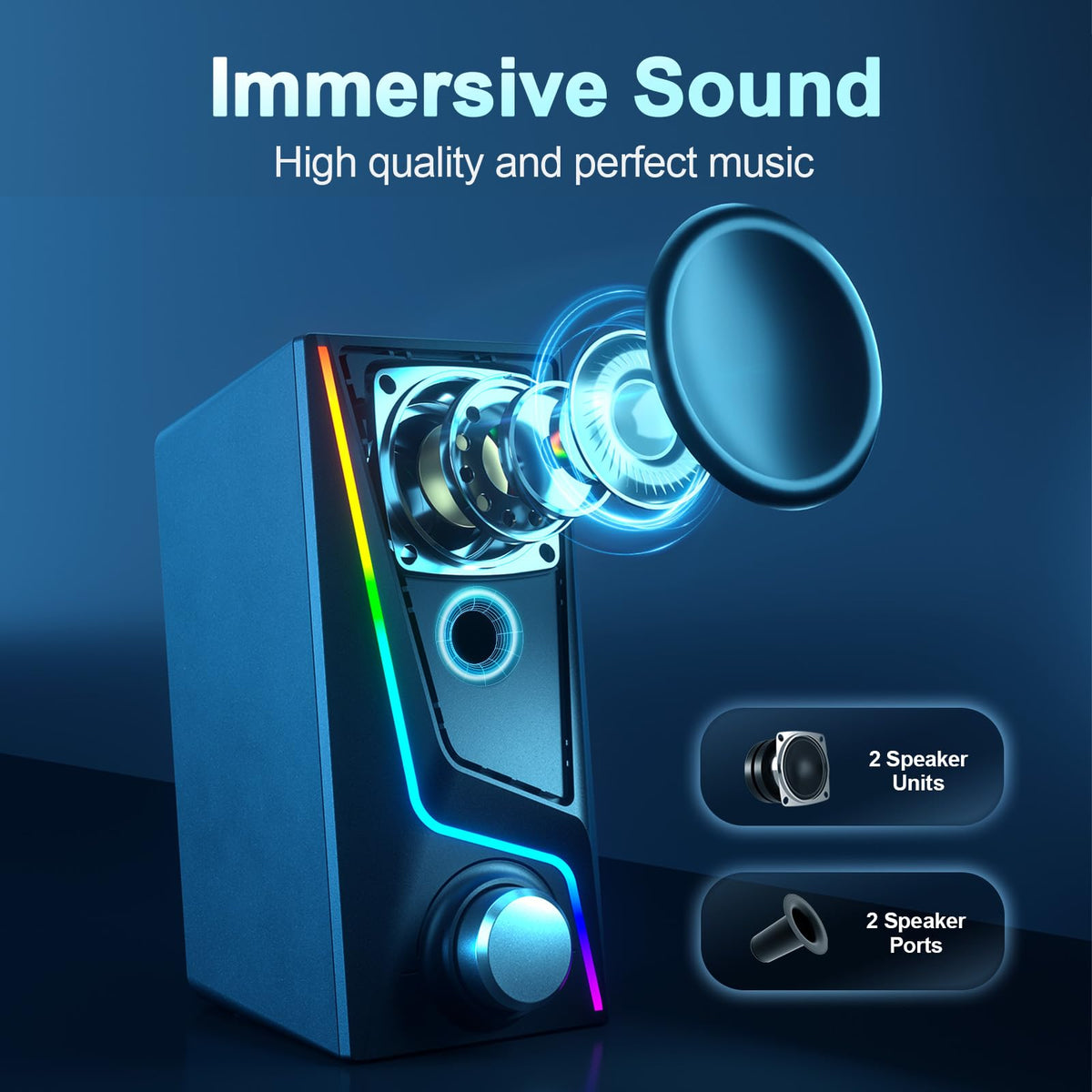 Nylavee Computer Speakers with Subwoofer, 2.1 Hi-Fi PC Speakers System with 6 Lighting Modes, Enhanced Bass, Plug and Play, USB/USB-C Powered and 3.5mm Aux in for Desktop, Monitor, Laptop, Tablet