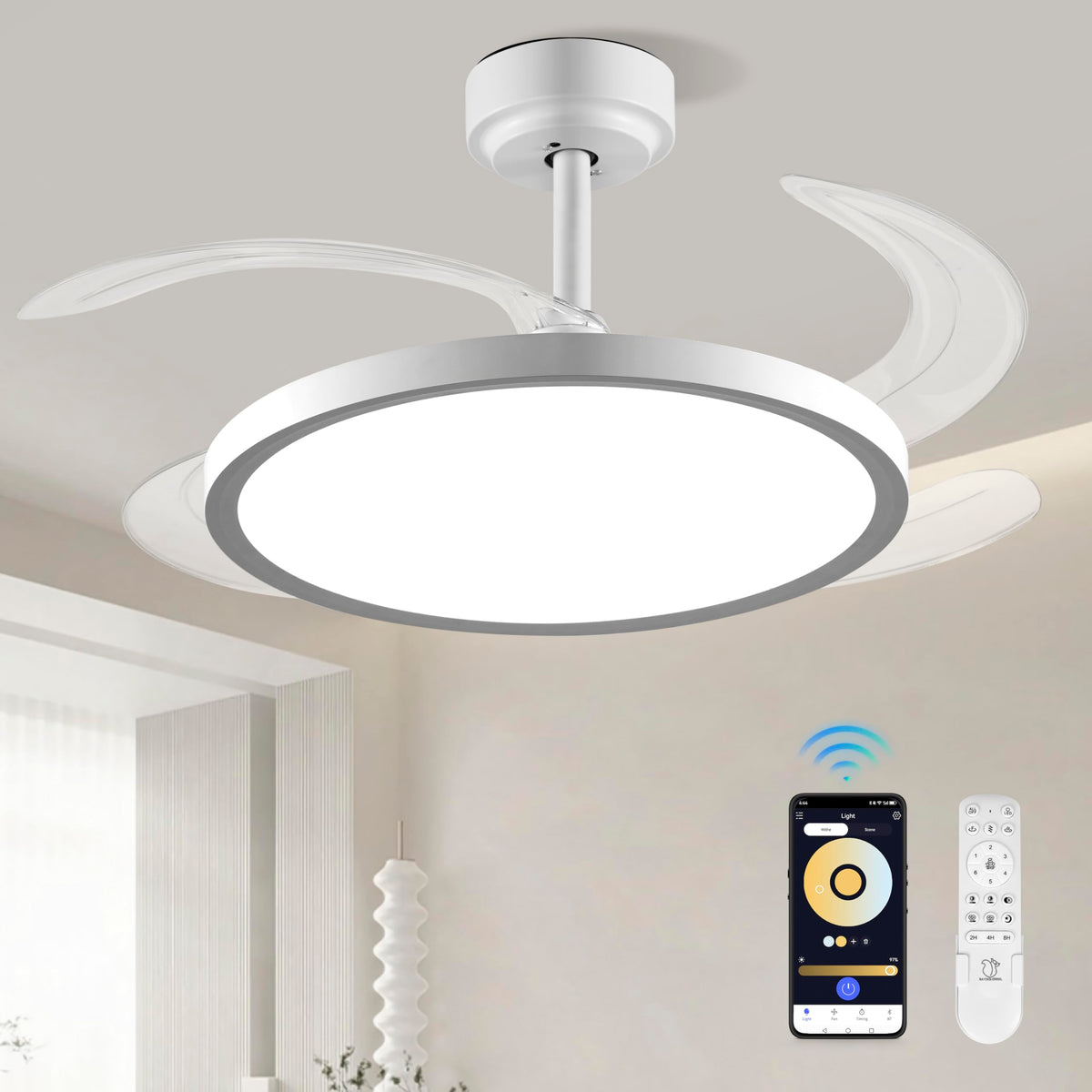 BAYSQUIRREL Slim Retractable Ceiling Fan with Lights and Remote/APP Control, 6 Speed Dimmable Reversible Memory, 42 Inch Modern Silent Smart Fan for Bedroom Living Room Dinning Room
