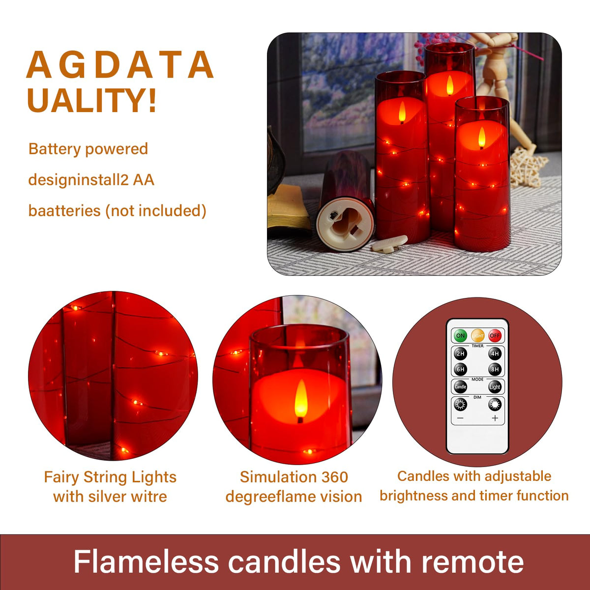 Flameless Candles,with Embedded Star String, Battery Operated Candles Flickering LED Candles with Remote Control and Timer, for Home Decoration Creating an Atmosphere,Set of 5 (Red)