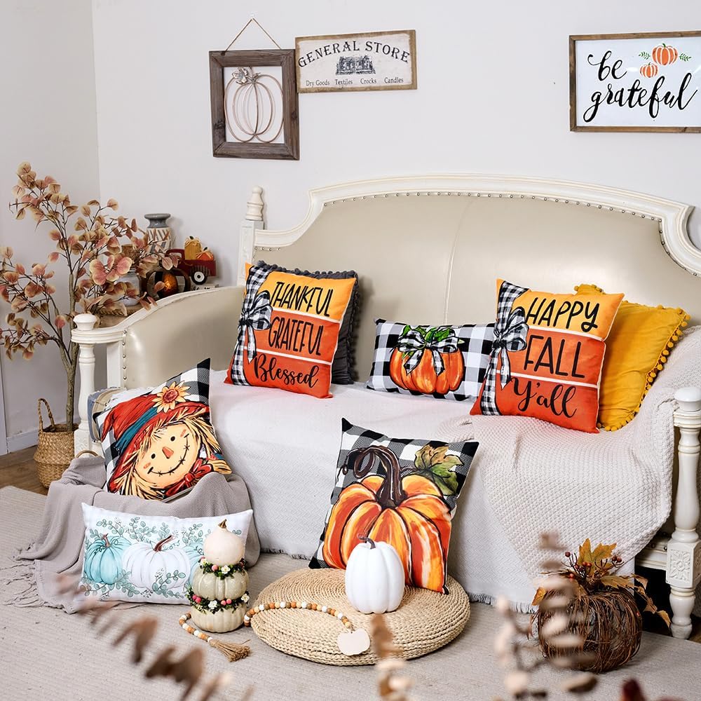 GEEORY Fall Throw Pillow Covers 18x18 Inch Set of 4, Buffalo Plaid Pumpkin Scarecrow Orange Cushion Case for Sofa & Bed Autumn Thanksgiving Decor Farmhouse Home Decoration
