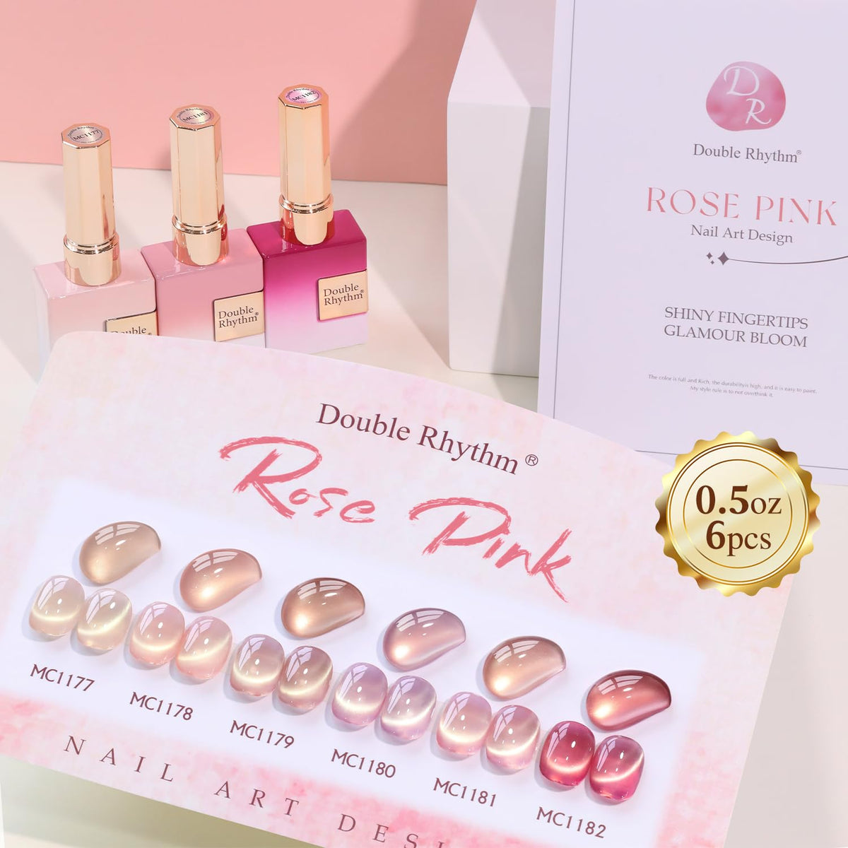 Double Rhythm Cat Eye Gel Nail Polish Set of 6 Same Color Same Bottle 0.5 Oz Shimmer Glitter with Magnet Holographic Reflective Magnetic UV Nail Polish Kit at Home (Glass Nude Pink Rose-T6-32)