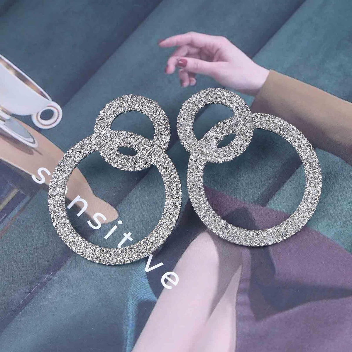Vintage Crystal Circle Drop Earrings Double Circle Hoop Earrings Gold Cz Circle Dangle Earrings CZ Hollow Circle Earrings Jewelry for Women