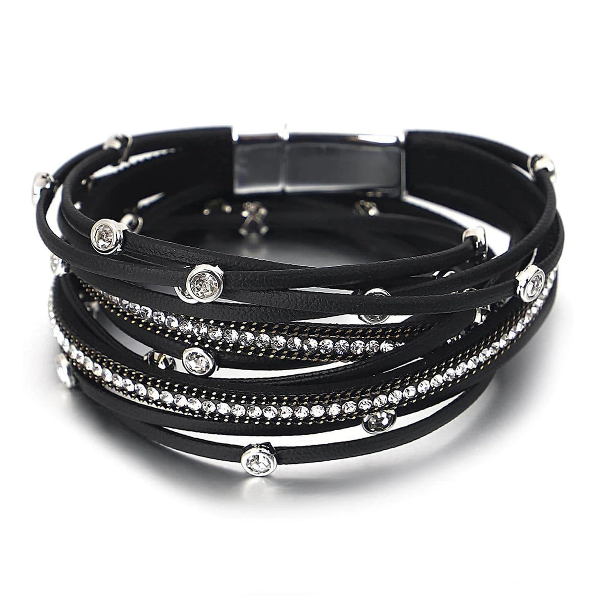 Fesciory Leopard Bracelet for Women, Boho Leather Wrap Multi-Layer Pearl Crystal Bracelet Bangle Jewelry(Rhinestone(Black))
