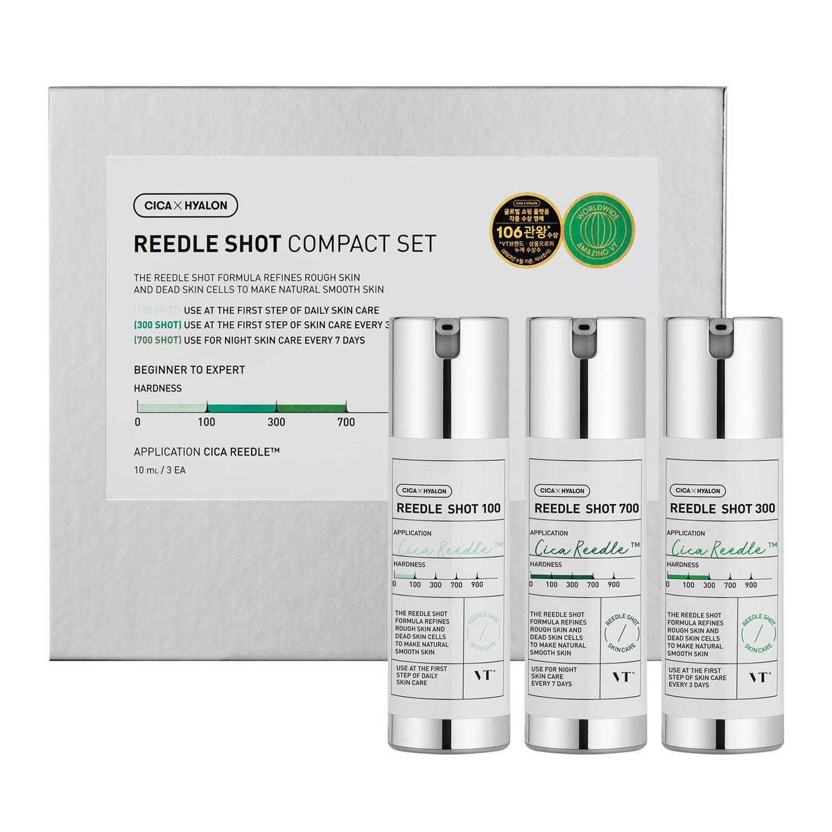 VT COSMETICS Reedle Shot Compact Set, Microneedling Serum Gift Set with Reedle Shot 100, 300, 700, Exfoliating, Anti-Aging, Travel Size Skincare for Women (0.34 oz / 10ml Each)