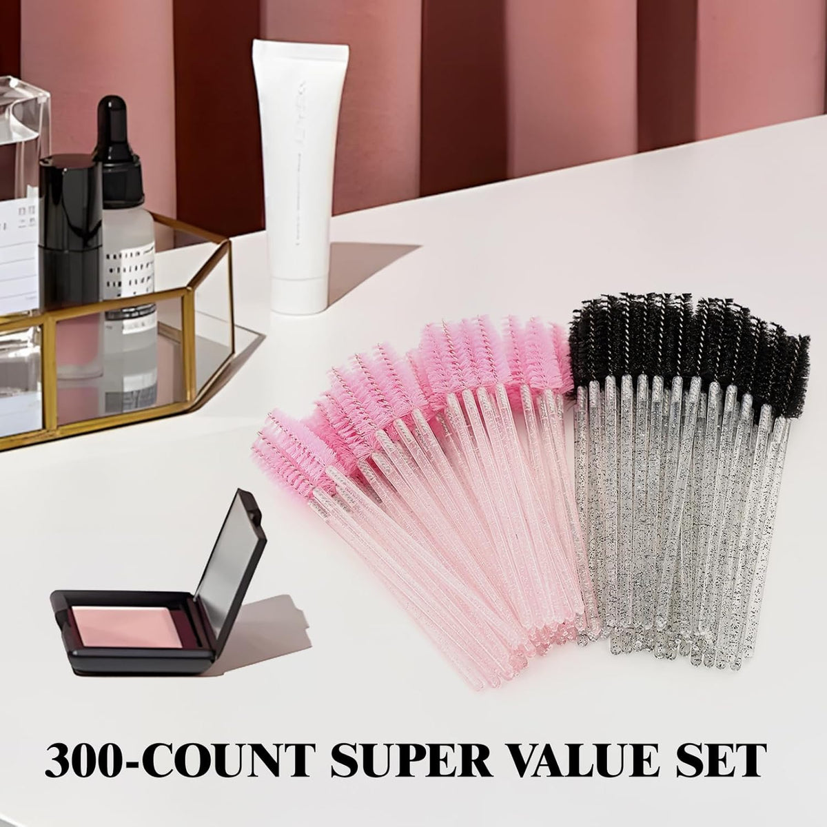 Mascara Wands, Lash Spoolies For Eyelash Extensions, Eyebrows Brush, Disposable Eye Lashes Brushes, Pink & Black Spooly Wand (300pcs)
