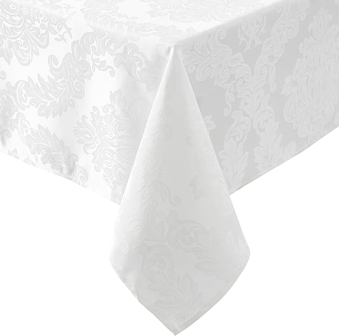 Newbridge Barcelona Luxury Damask Fabric Tablecloth, 70” Round, White, 100% Polyester, No Iron, Soil Resistant Dining Room, Party and Banquet Table Cover