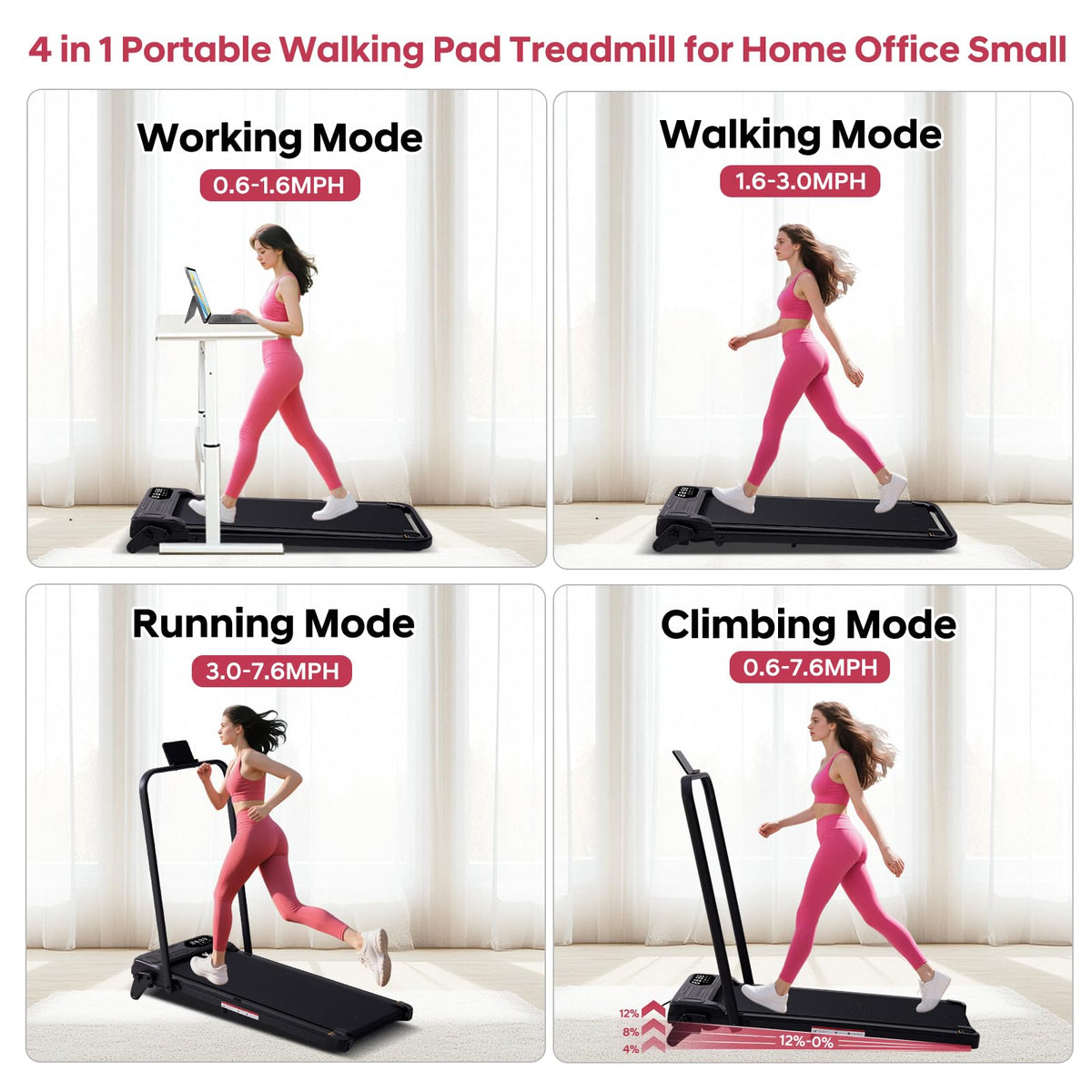 Foldable Walking Pad Treadmill with 12% Adjustable Incline and Handle Bar, 3.5HP Portable Folding Treadmills for Home Small, 4 in 1 Under The Desk Electric Treadmill with Handles, 0.6-7.6MPH, 350LBS