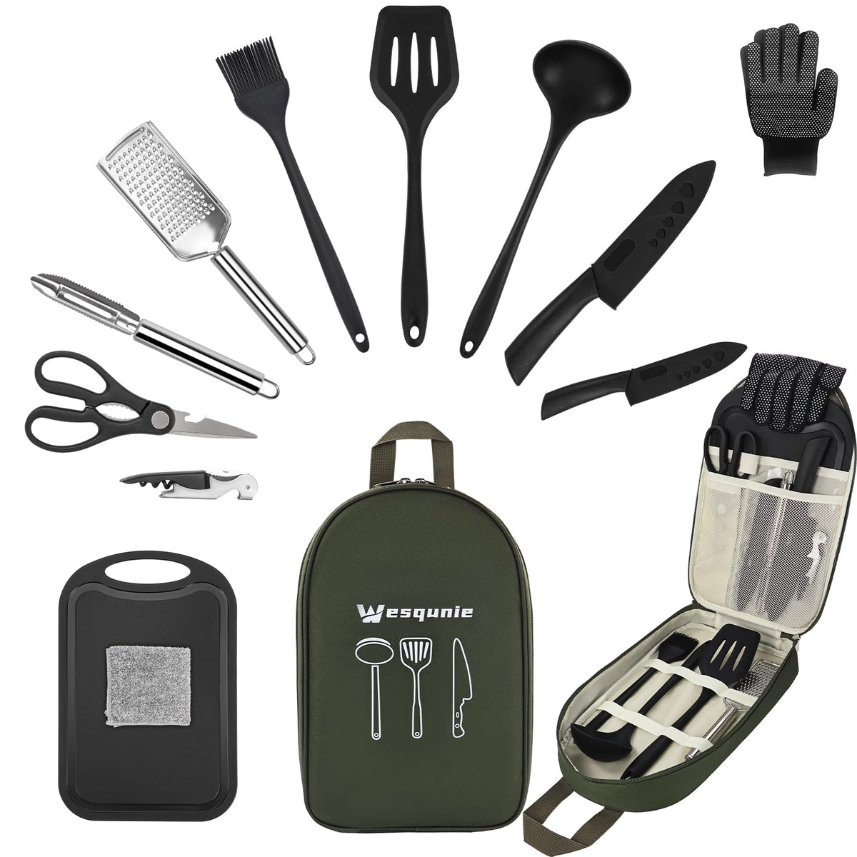 Camping Essentials Cookware Cooking Utensils Set - Portable Camp Kitchen Mess Kit Outdoor Accessories, Stainless Steel & Silicone, Camping Gear Equipment for RV Picnic Grill