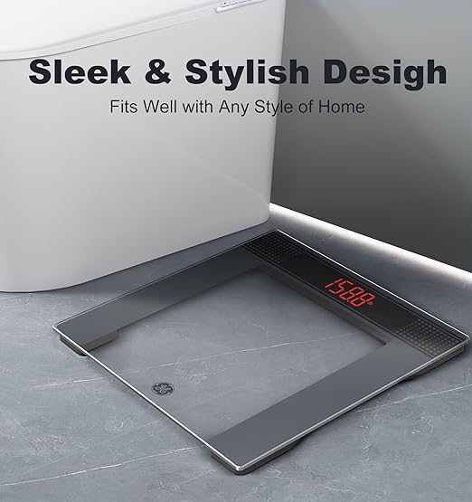 GE Bathroom Scale for Body Weight: Highly Accurate Digital Scale Weighing Machine with Clear Tempered Glass, 11.8" Large Platform, Compact Design, LED Display, 400 lbs, 4 Units, with Body Tape Measure