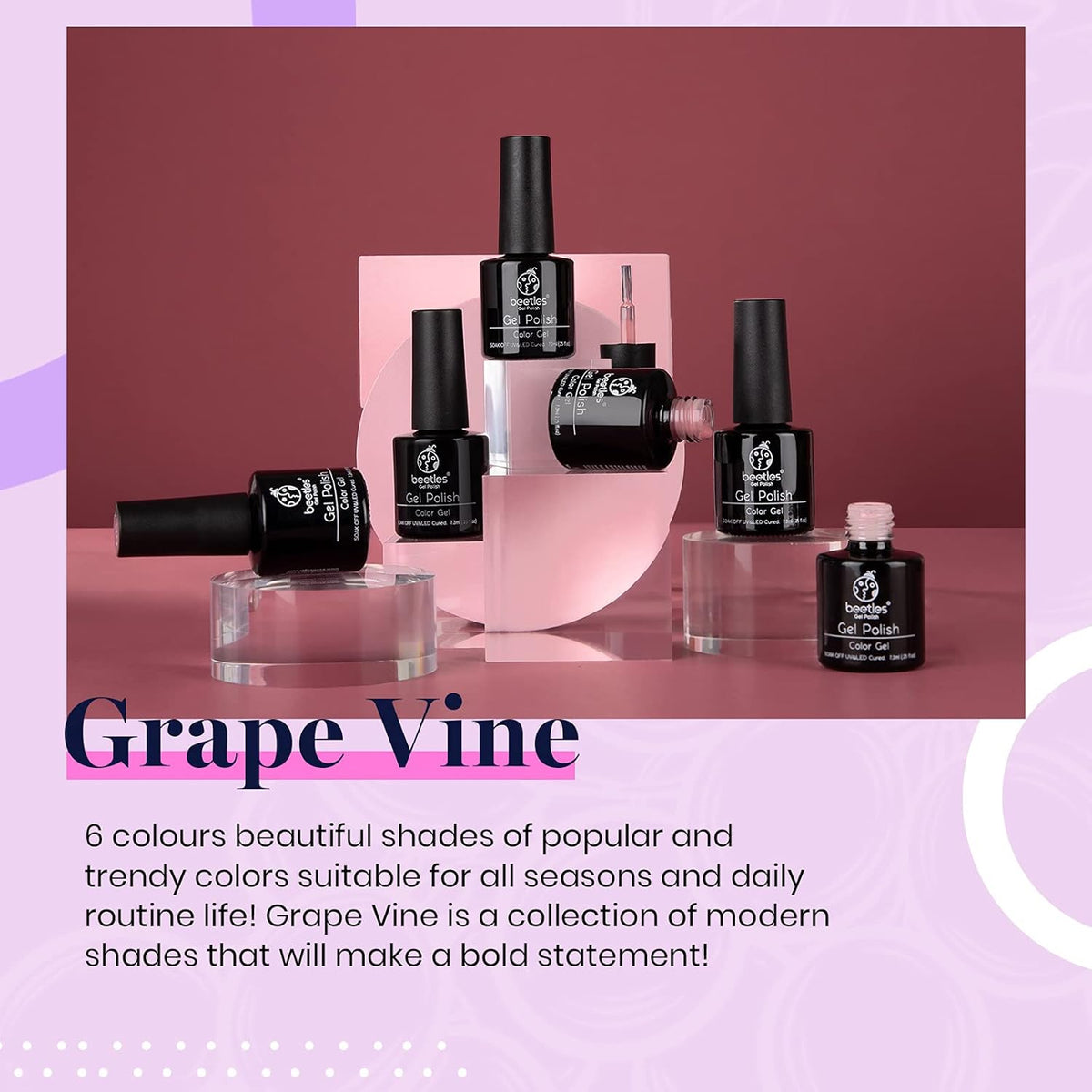 beetles Gel Polish Grape Vine Purple 6 Colors Purple Lavender Dark Lilac Glitter Pink Nail Polish Soak Off Uv LED Gel Nail Kit Salon Diy Nail Art Manicure Salon Home Gifts for Women