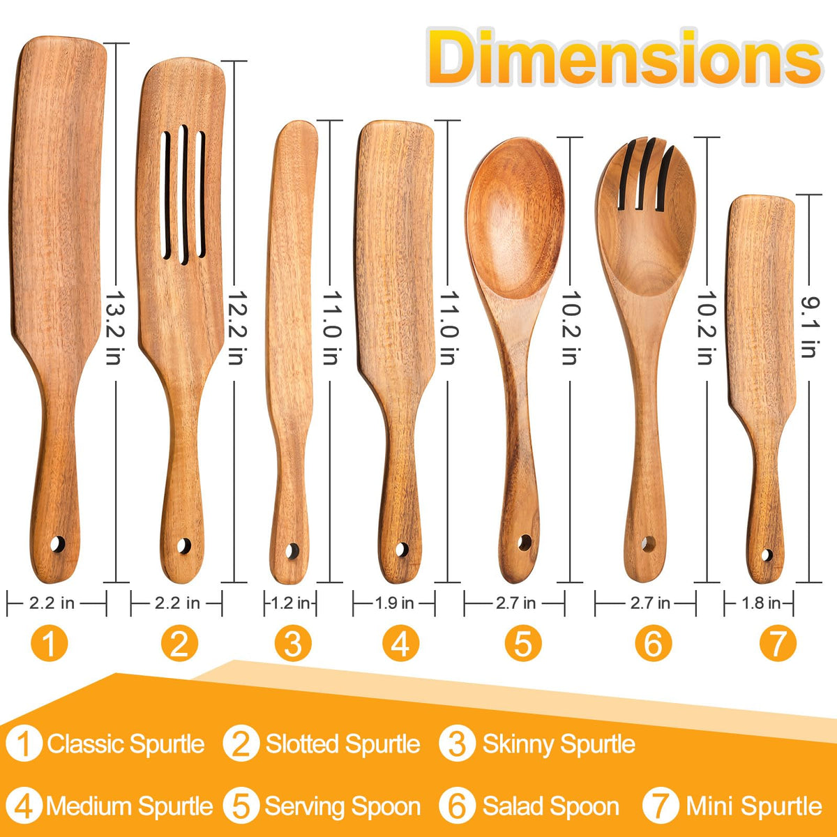 Spurtles Kitchen Tools Wooden, 7Pcs Wooden Spoons for Cooking, Natural Premium Spatula Set, Heat Resistant Cooking Utensil for Nonstick Cookware, Spurtle for Sourdough Starter