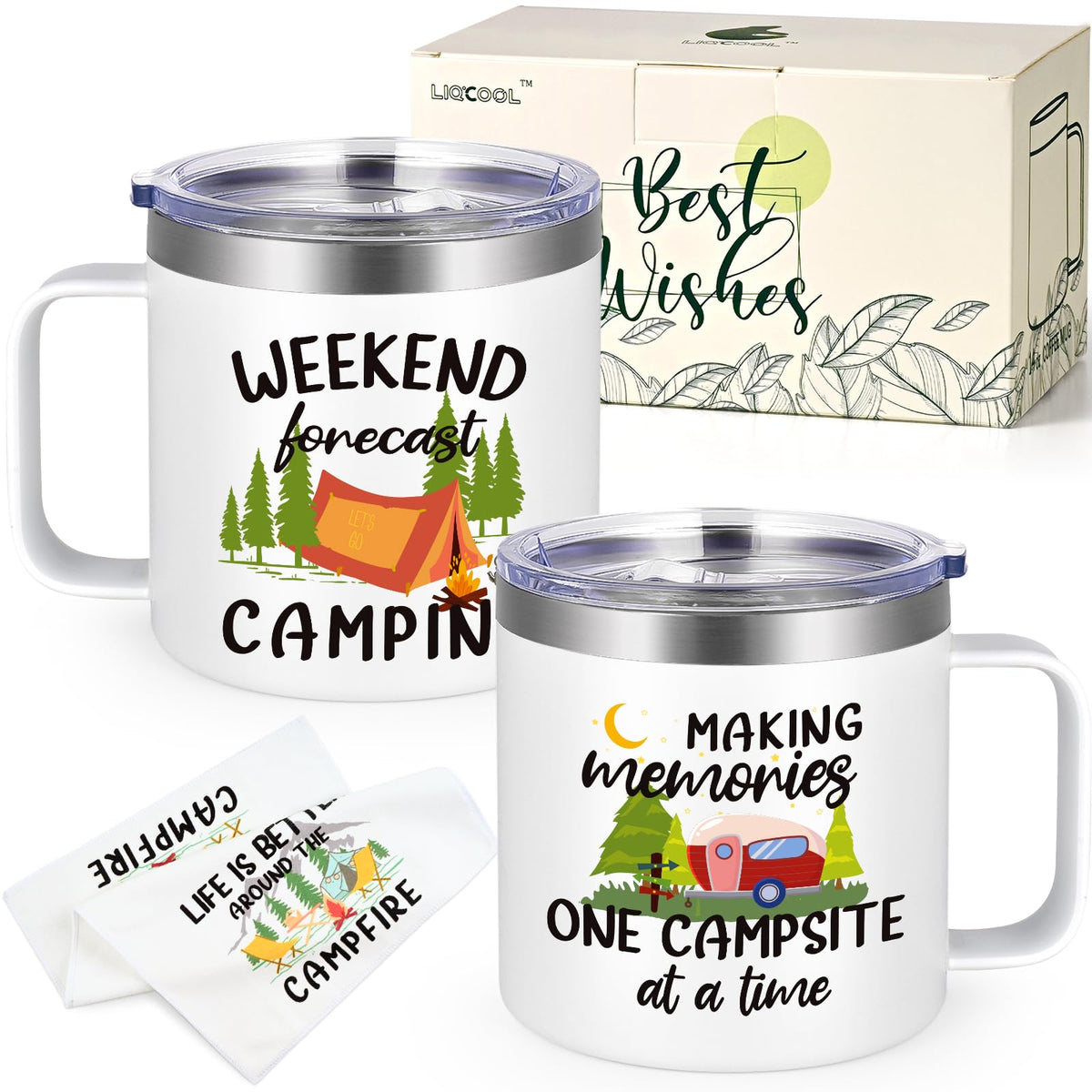 LiqCool - 2 Pack Camping Tumblers with Kitchen Towel Set, Cool Camping Gifts for Men, Women, Couples, Outdoor Gifts for Picnics, Hiking, RV Campers, Birthday, Christmas 12 Oz