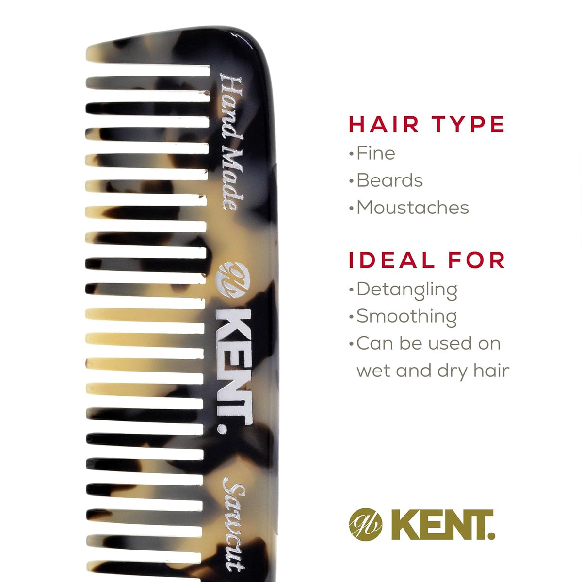 Kent 93T Tokyo White Beard Comb for Men - Wide Tooth Men's Comb, Ideal For Mustaches and Beards and Facial Hair, Small Pocket Sized Travel Detangler Combs, Saw-Cut, Hand Polished, Made in England