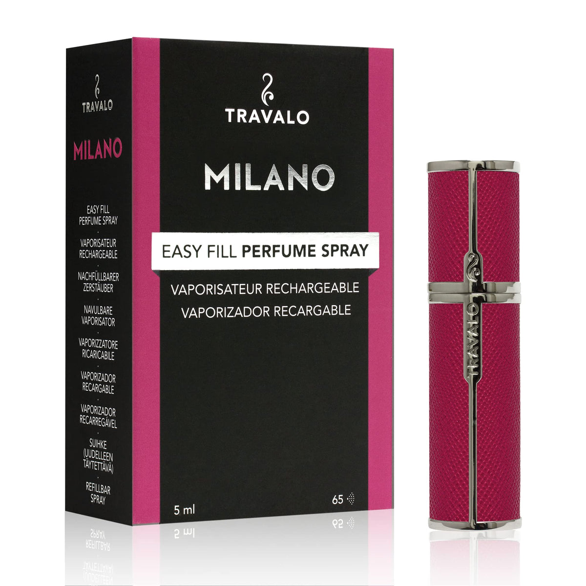 Travalo Milano Perfume Atomizer - Leak-Proof and TSA Approved for Air Travel - Reusable, Airtight, Easy Fill Mini Pump Sprayer - Lightweight Vegan Leather with Polished Metal Outer Shell - Hot Pink