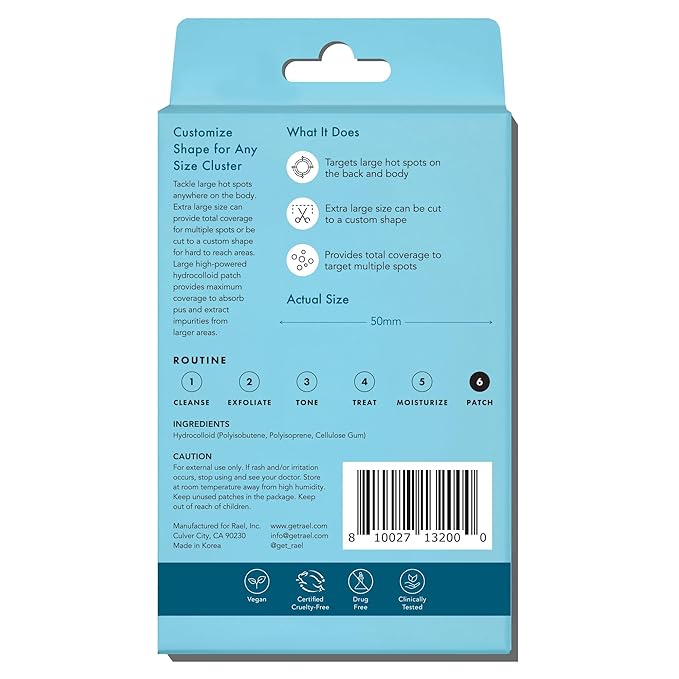 Rael Pimple Patches, Miracle XL Spot Control Cover - Hydrocolloid Acne Pimple Patch for Face, Zits & Blemish, Back and Body, Korean Skin Care (8 Count)