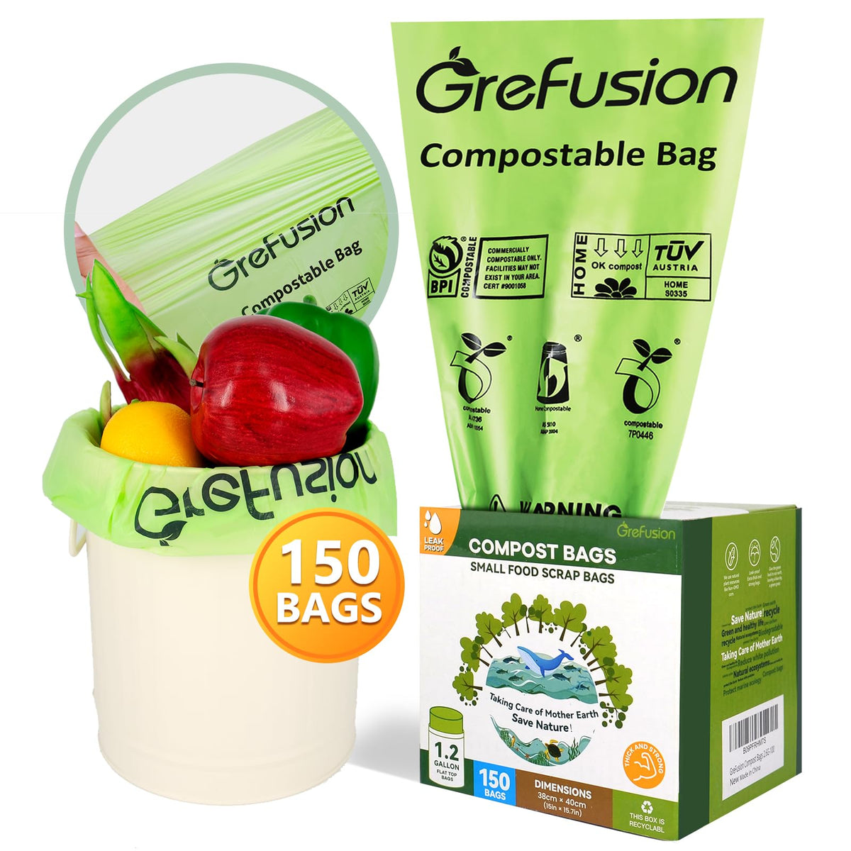 Compostable Bags for Kitchen Compost Bin, 1.2 Gallon, 125 Count, Certified by BPI and ASTM, Leakproof and Odor Control