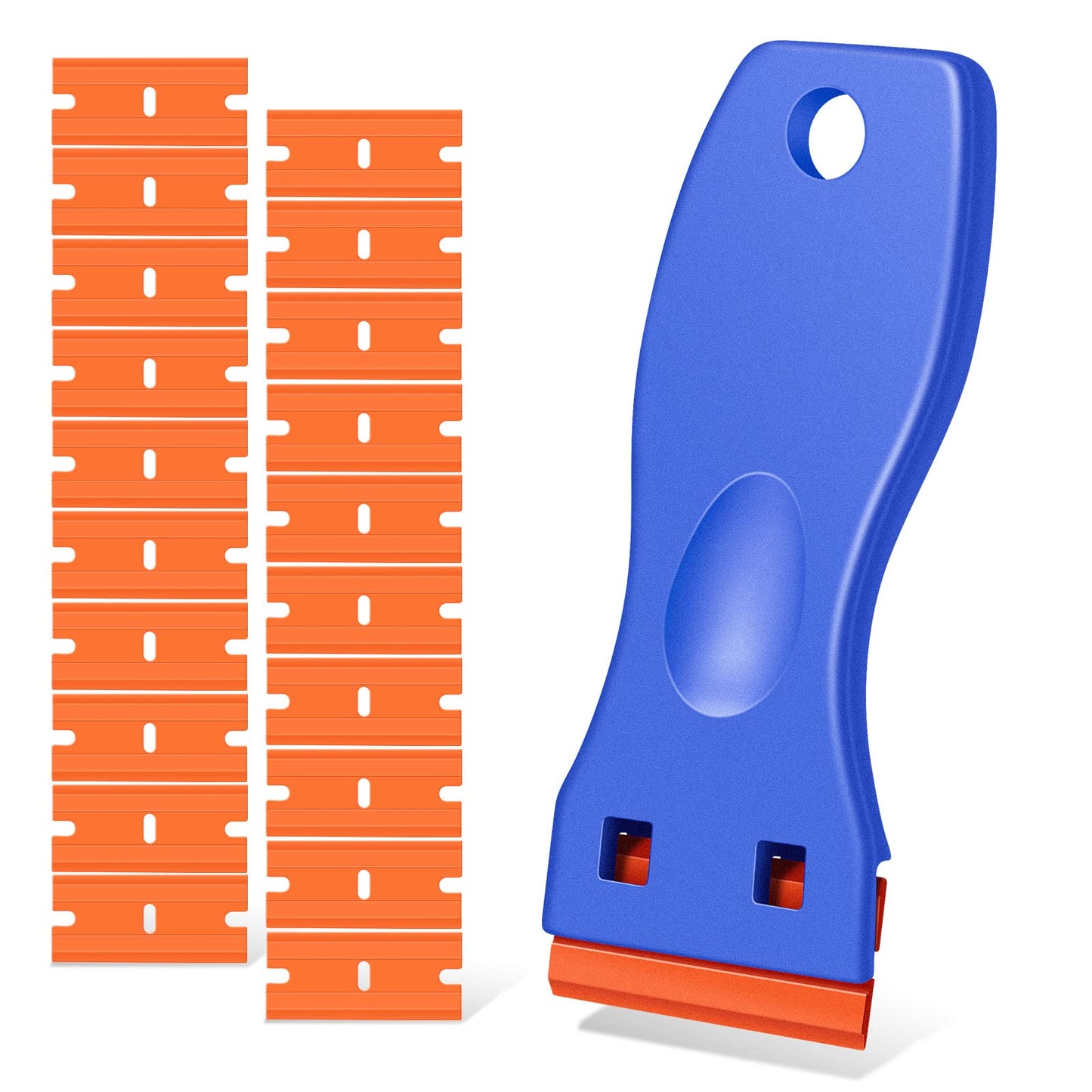 Plastic Razor Blade Scraper, 2 Pack Razor Scraper with 120 Pcs Razor Blades for Removing Glue, Sticker, Decals, Tint from Car Window and Glass(Blue)
