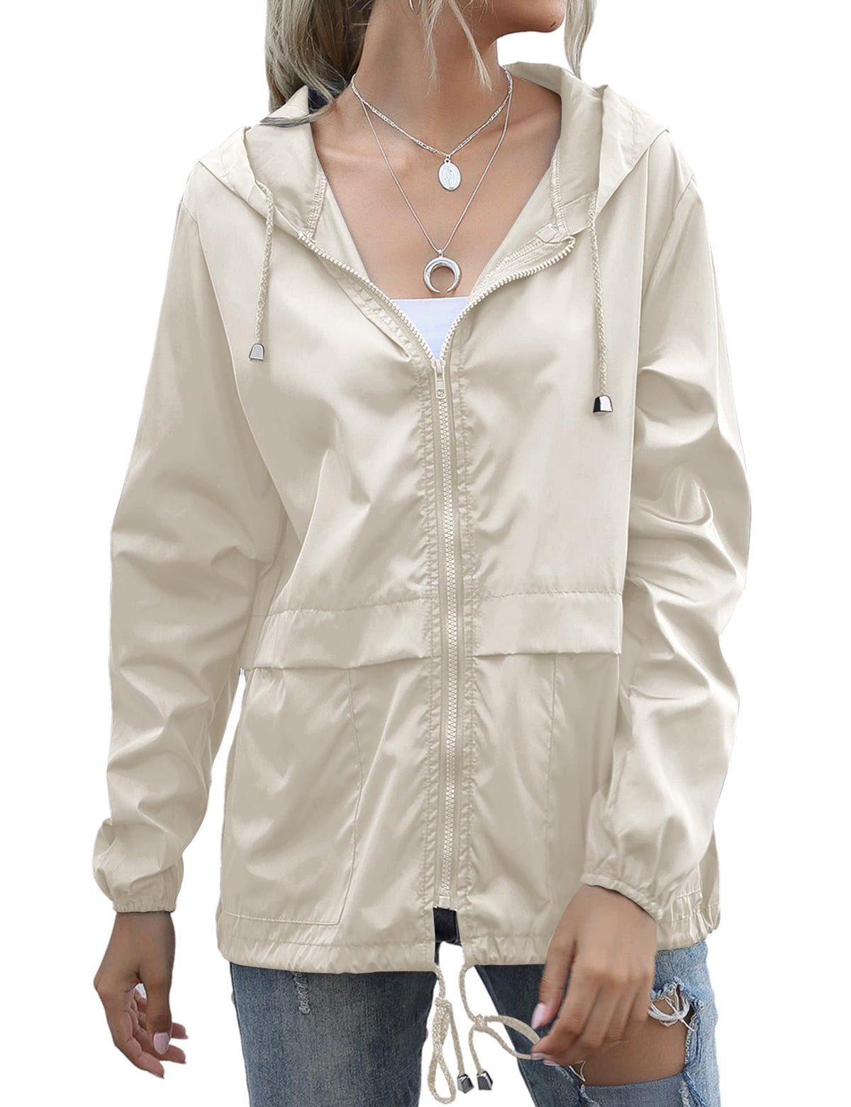 JMinger Packable Rain Jacket Women Lightweight Waterproof Raincoat Packable Hooded Outdoor Windbreaker Beige L