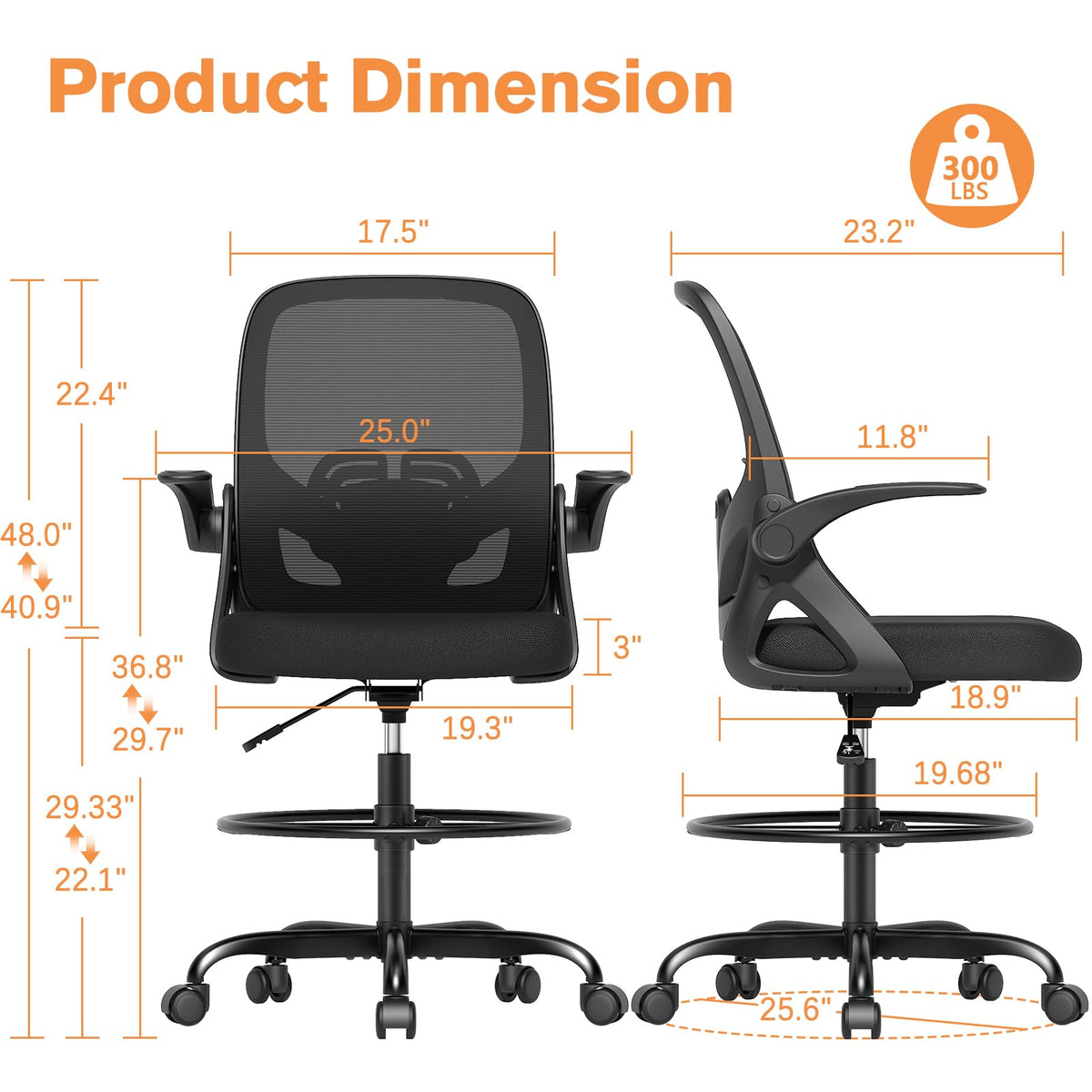 ORRSAKER Tall Drafting Chair with Lumbar Support and Footrest Ring, Supportive Tall Extended Height Ergonomic Desk Chair for Home Work, Breathable Mesh Office Chair with Flip up Arms(Black)