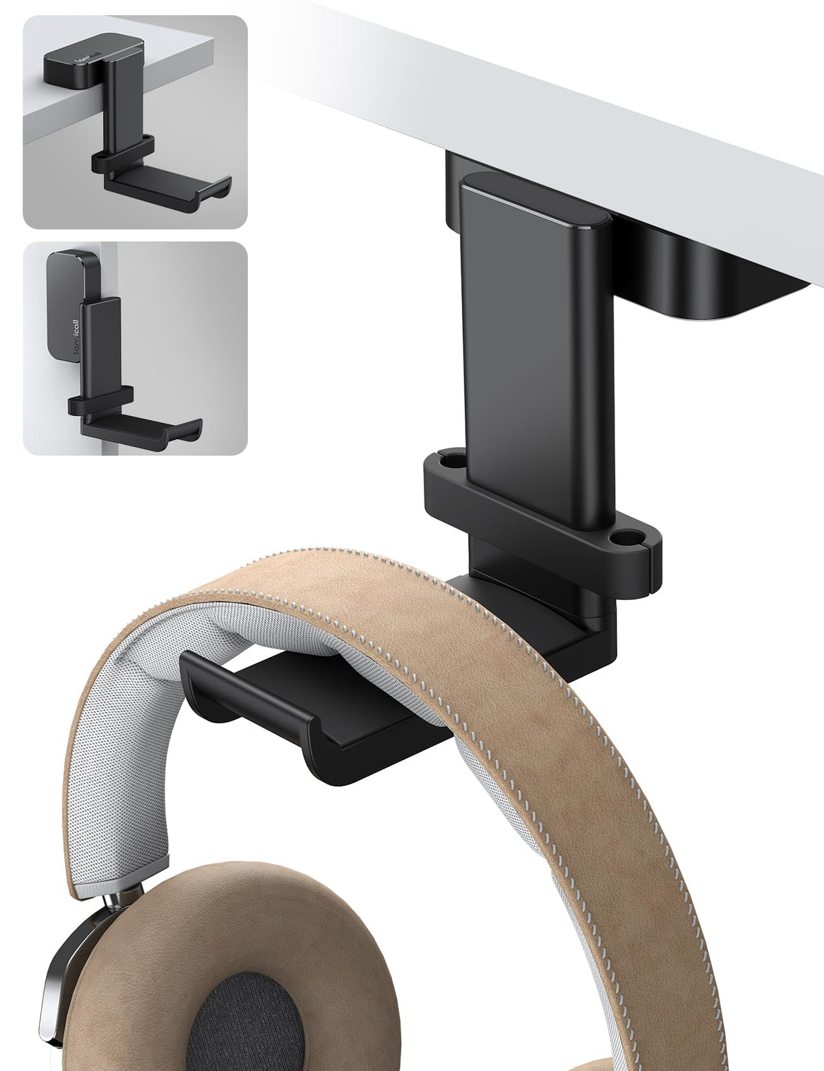 Lamicall Headphone Stand, Headset Hanger - 360 Degree Rotation Earphone Hook Holder Mount, Table Headphone Stand with Cable Organizer, Gaming Headset Clamp for HyperX, Razer, Sony, Sennheiser - Black
