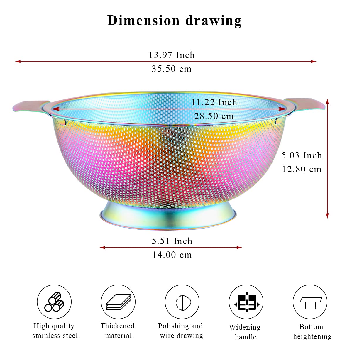 Kyraton Rainbow Colander 5 Quart, Professional Titanium Colorful Plating Stainless Steel Strainer with Heavy Duty Handles and Self Draining Solid Ring Base, Easy Clean and Dishwasher Safe