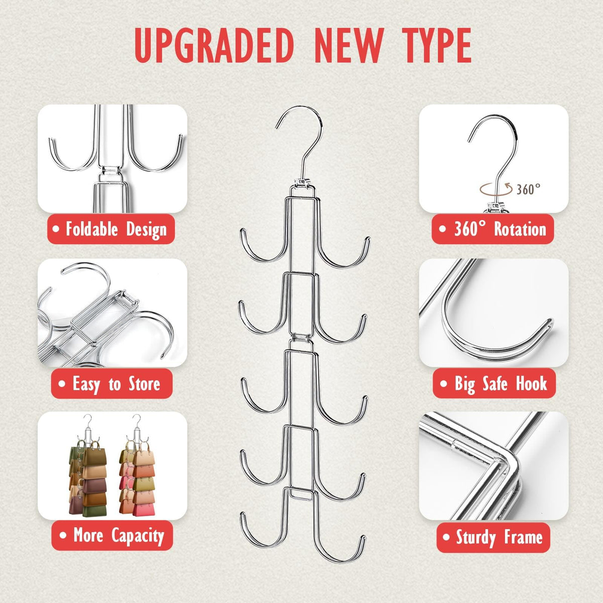 Purse Organizer for Closet, Upgraded Purse Hanger with 10 Big Hooks, 360 Degree Rotation for Better Organizer&Display, Collapsible Space Saving Hangers Rack for Handbag, Belt, Scarve, Tie