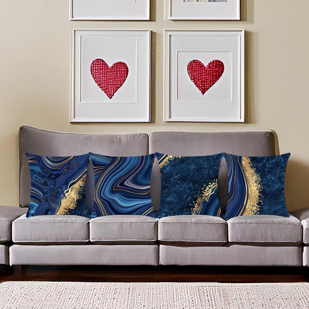 Throw Pillow Covers, Navy Blue Decorative Pillow Covers,Blue and Gold Marble Pillowcase 18x18 inch, Couch Cushion Cover Set of 4 for Home Living Room Bedroom Sofa Decor Pillows