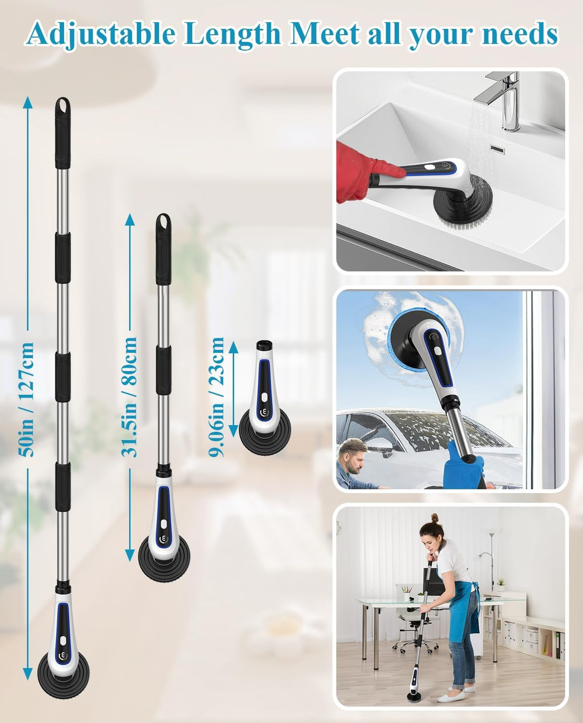 Electric Spin Scrubber, Rocfinity Cordless Cleaning Brush with 9 Brush Heads, 3 Adjustable Speeds and Extension Handle for Bathtub, Kitchen, Window,Full-Body IPX7 Waterproof Bathroom Cleaner Brush