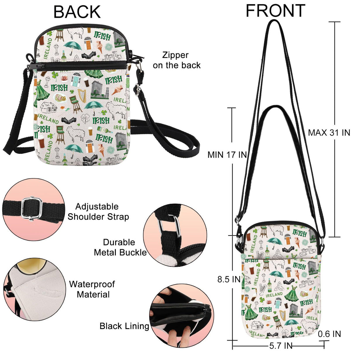 JNIAP Irish Crossbody Bag Ireland Travel Gift Ireland Themed Gifts Ireland Crossbody Purse Irish Travel Purse (Ireland cb)