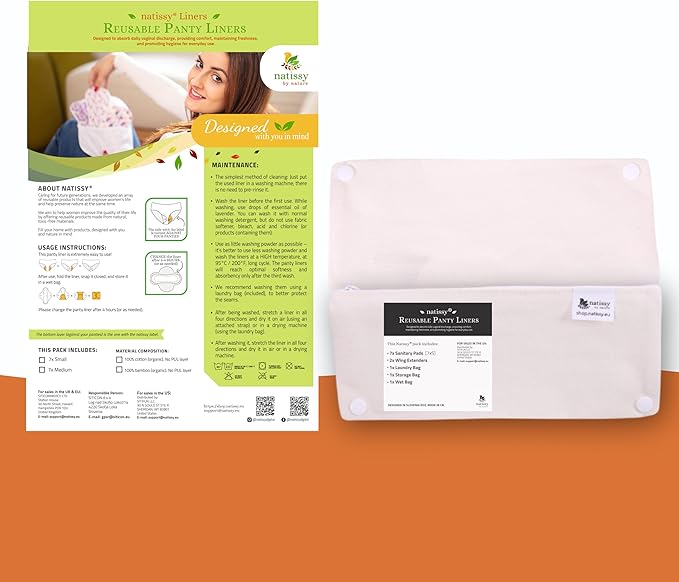 Organic Cotton Reusable Panty Liners for Women & Teens (MEDIUM, 7-Pack); High-Temp Washable Cloth Liners MADE in EU; Stay Fresh & Dry, for Daily Vaginal Discharge Only; 100% Breathable (no PUL/TPU)