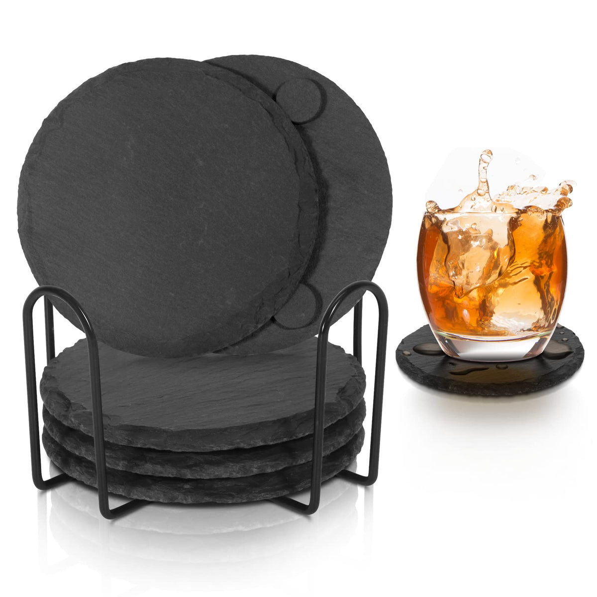 Black Slate Coasters for Drinks - Set of 6 - Anti-Scratch Drink Coasters with Holder - Natural Stone Coaster Bulk, Unique DIY Crafts - Cup Coaster Set for Home Decor, Bar, Coffee, Table