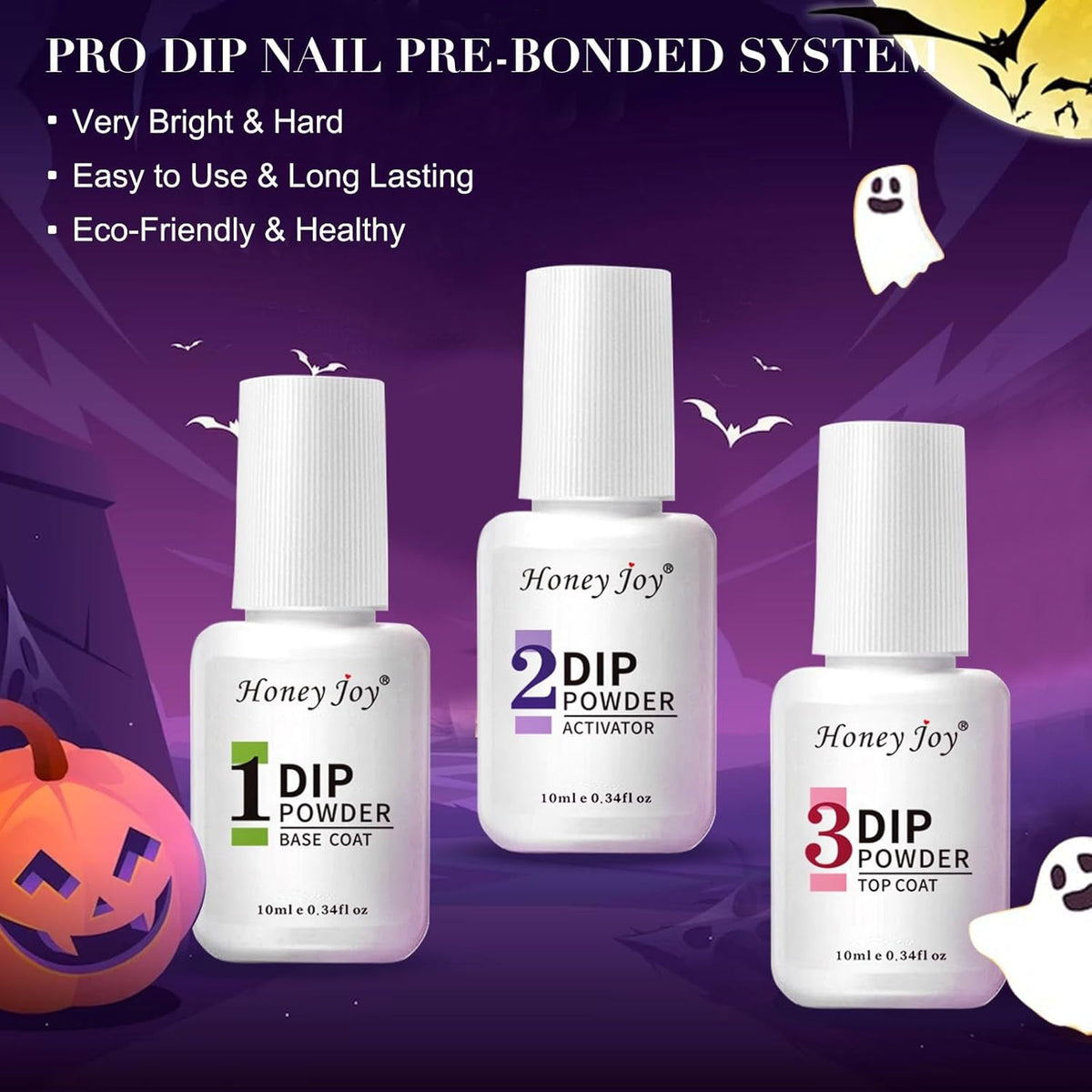 Honey Joy Dip Powder Nail Kit Starter, 4 Colors Halloween Witch Black Pumpkin Orange Mystic Purple Dipping Powder Liquid Set with Base Top Coat for Nail Art Manicure Salon DIY, Dip-7pcs-No.10