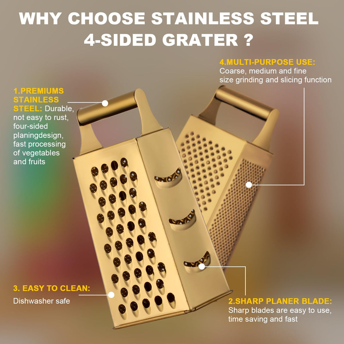 Rainbow Cheese Grater Handheld Grater for Kitchen, Stainless Steel 4 Sided Cheese Grater with Handle for Grinding Shredding & Slicing, Dishwasher Safe