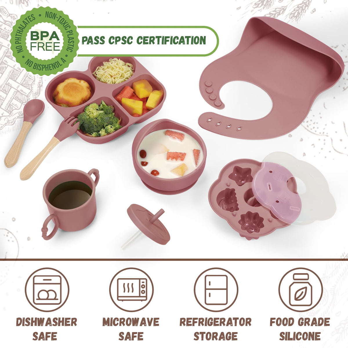 MIICASA Silicone Baby Feeding Set, Baby Led Weaning Supplies, Baby Food Tableware Silicone Suction Plate, Bowl, Spoons, Fork, Waterproof Bib, Cup & Complementary Food Cake Mold, Baby Eating Utensils
