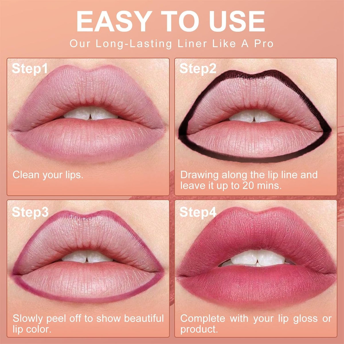 OETUIOW Lip Stain Peel Off, Lip Liner Moisturizing Long-Lasting & Waterproof, Transfer Proof & Plumping, Non-Stick Cup, Coral Color