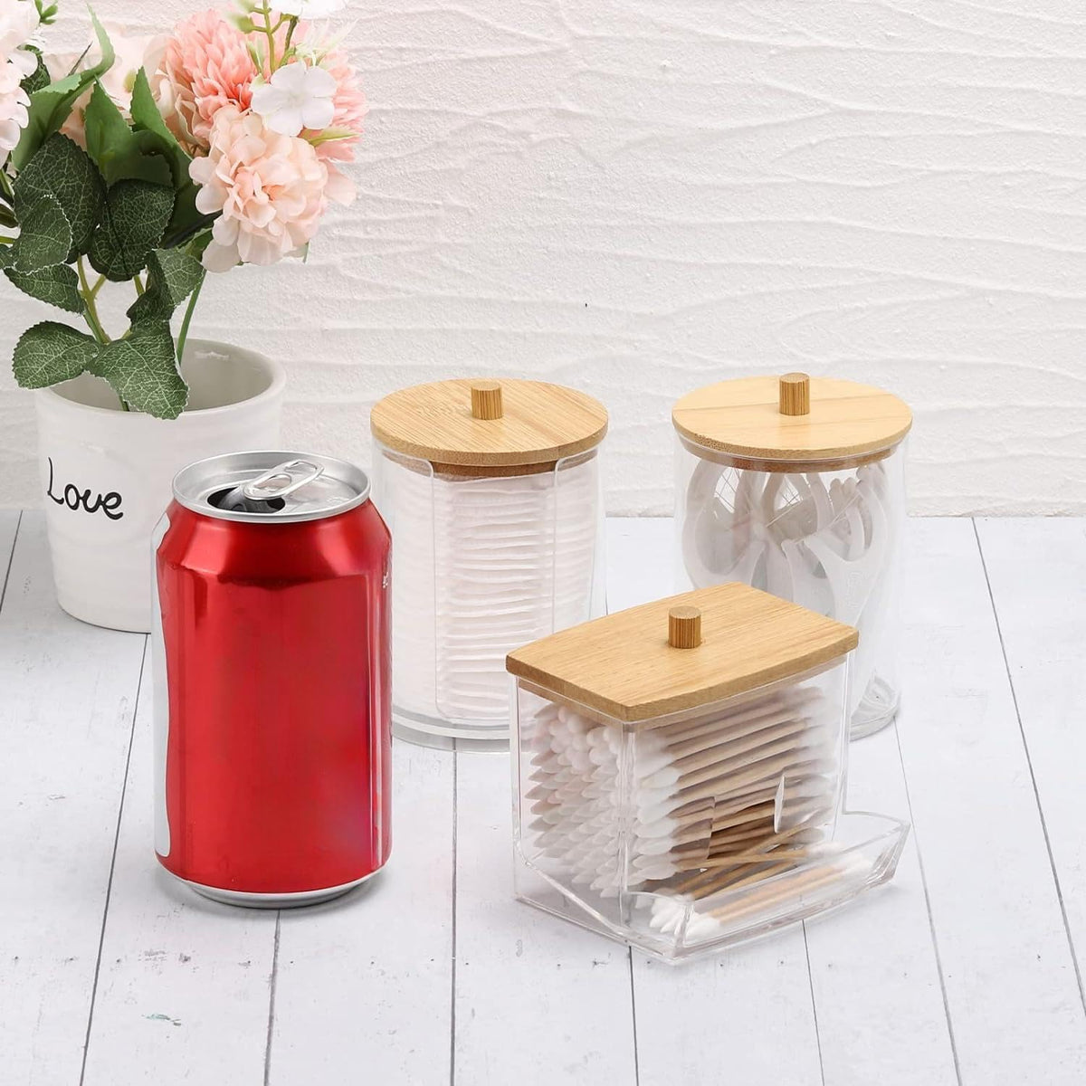 Tbestmax Bathroom Organizer Accessories Set-10 OZ,7 OZ Qtips Holder Storage with Brown Wood Lids, Cotton Ball/Swabs Dispenser, Apothecary Container Jar 3 Pcs