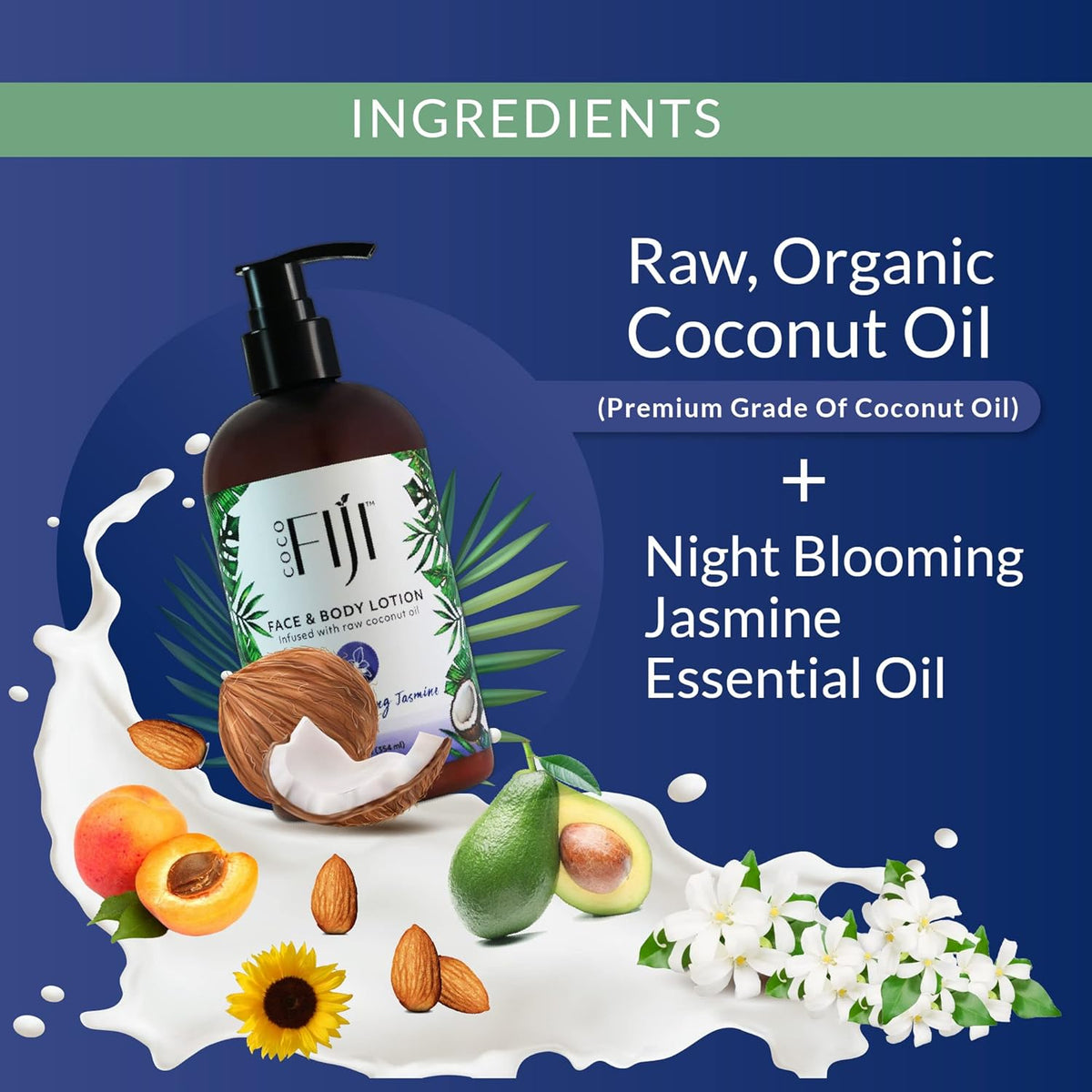Coco Fiji Face & Body Lotion Infused With Coconut Oil | Lotion for Dry Skin | Moisturizer Face Cream & Massage Lotion for Women & Men | Night Blooming Jasmine 12 oz, Pack of 3