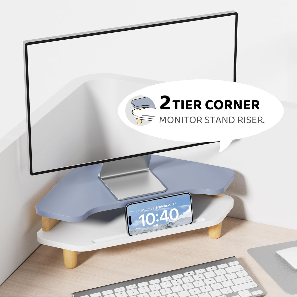 AFOOYO Monitor Stand Riser,2 Tier Corner Wood Monitor Stand Sturdy Computer Stand Multi-Purpose Desktop Storage Stand for Laptop,PC,iMac,Printer,Computer,Blue