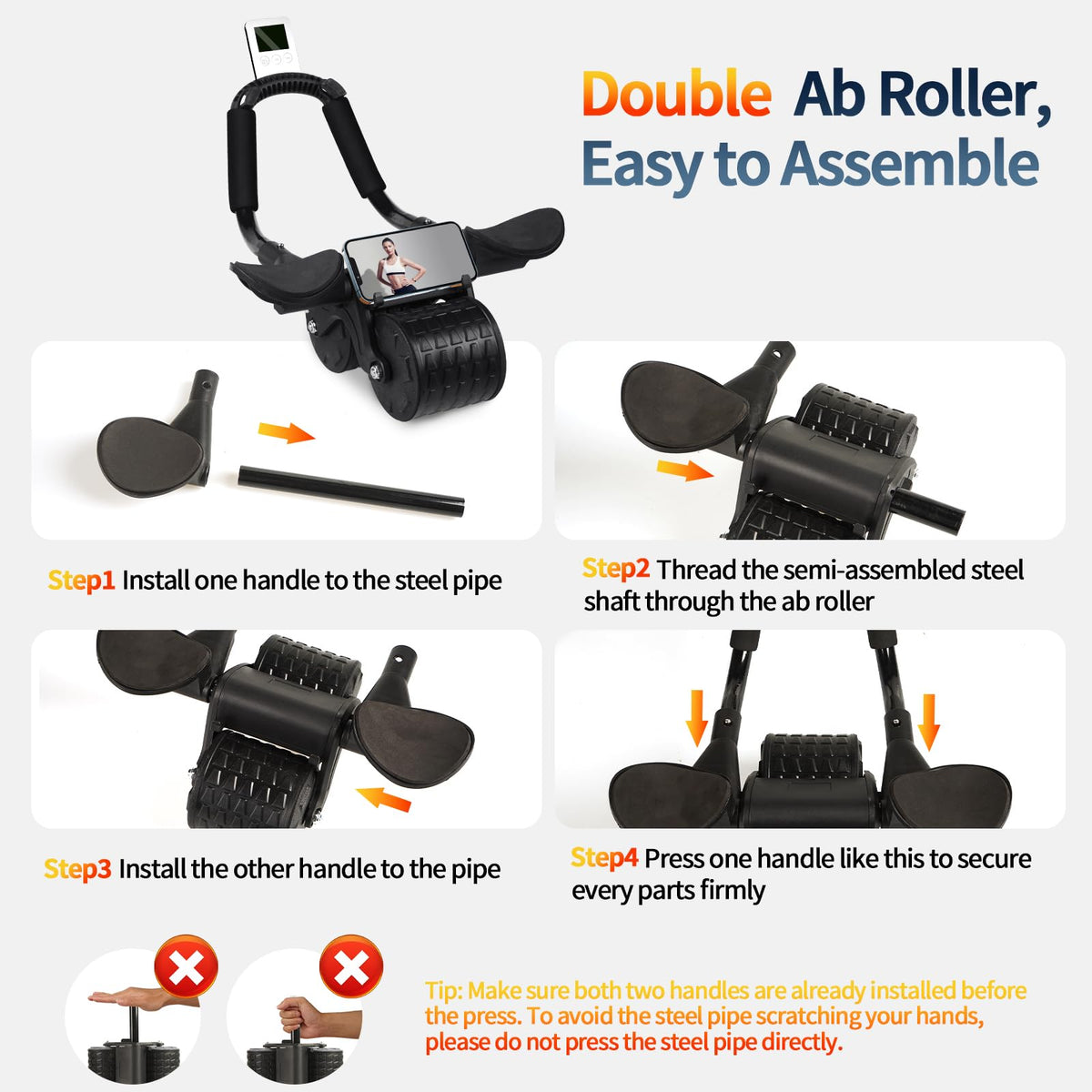 Tixahi Ab Roller Wheel,with Timer Automatic Rebound Abdominal Wheel,Elbow Support Abs Roller Wheel Core Exercise Equipment (Black)