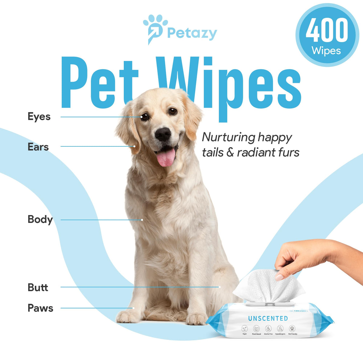 Petazy 400 Dog Wipes for Paws and Butt Ears Eyes | Organic Pet Wipes for Dogs | Unscented Dog Wipes Cleaning Deodorizing | Extra Thick Paw Wipes for Dogs Cats Pets | Bonus Glove Wipes Included