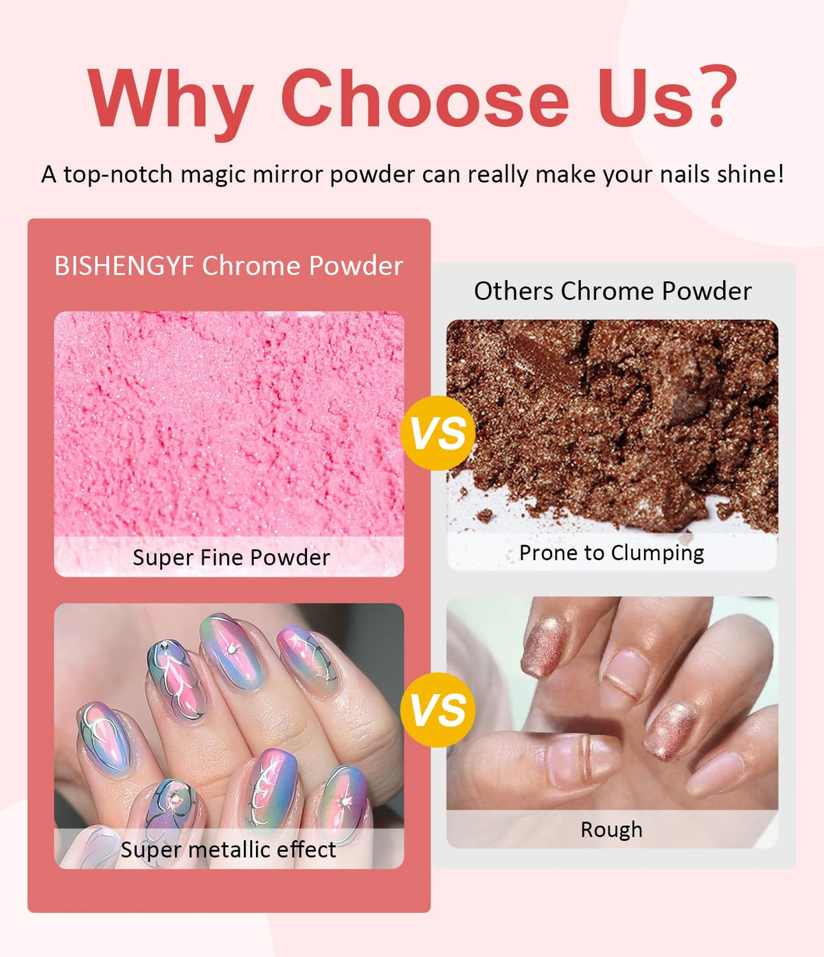 Pearl Chrome Nail Powder BISHENGYF -【Fairy Effect】 Pink Chrome Nail Powder White Pearlesent Aurora Mermaid Iridescent Nail Chrome Powder, Metallic Mirror Glitter Pigment Dust for Nail Art DIY 2PCS
