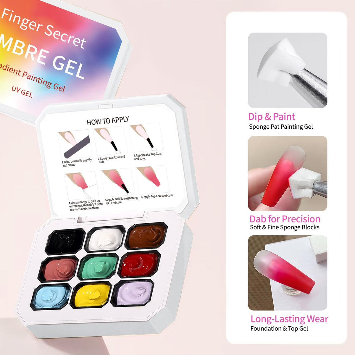 Ombre Gel Nail Polish with Metal Grabber,100pcs Nail Sponges for Nail Gradient painting gel ombre & pat paint for nails Multistyle French Manicure Nail Art