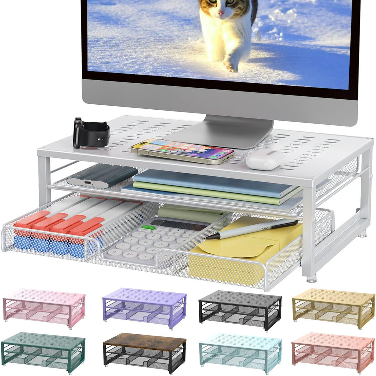 gianotter Computer Monitor Stand Riser, office organizer with Drawer, Office Organizers Storage for Classroom Office Supplies (Blue)