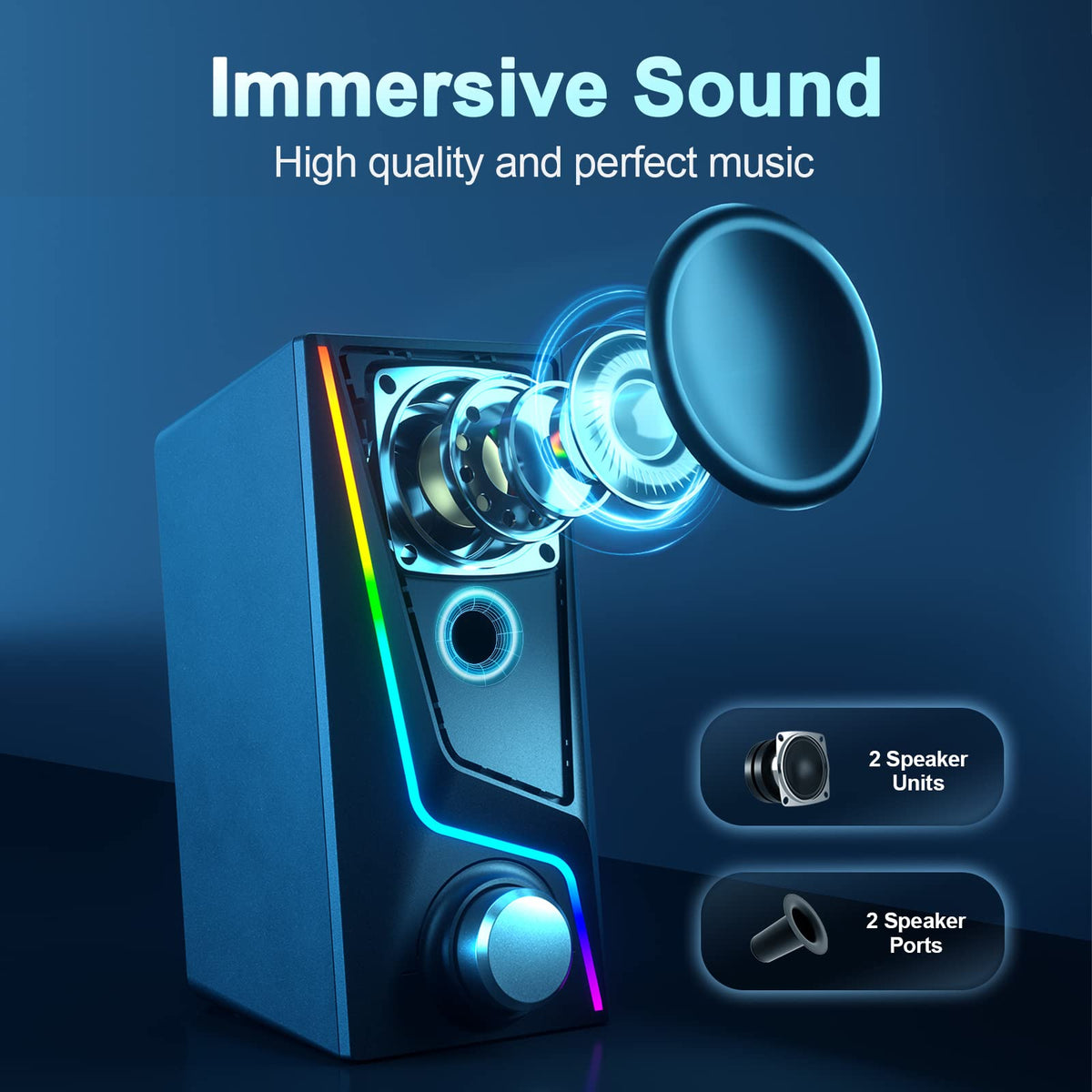 Computer Speakers, PC Speakers with 6 Lighting Modes, USB Powered Computer Speakers for Desktop Monitor with 2 Bass-Boost Ports, 2 Speaker Units, and 3.5mm Aux-in Cable for PC, Laptop, Tablet, Phone