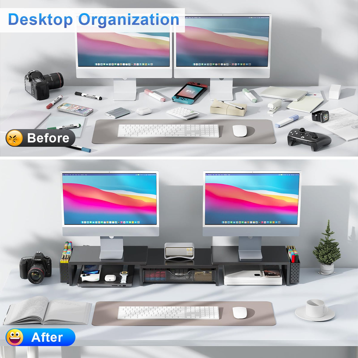 gianotter Dual Monitor Stand Riser, Desk Organizer With Drawer and 2 Pen Holders, Computer Monitor Stand, Desk Shelf for Top of Desk, Balck