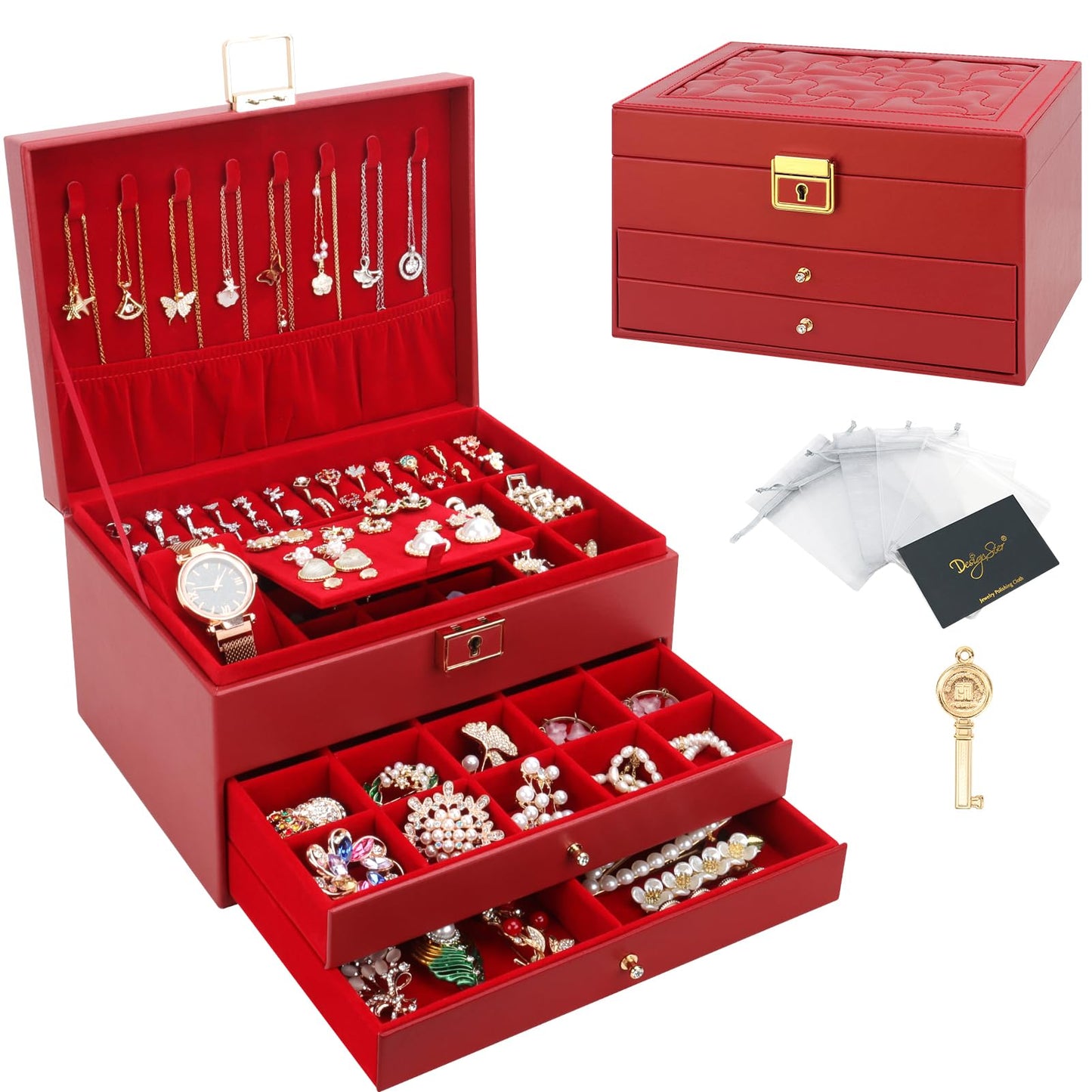DesignSter Jewelry Box,Jewelry Organizer with 2 Drawers, 3 Layers Leather Jewelry Storage Box with Lock, Jewelry Storage Case for Necklaces Earrings Bracelets and Rings(Red)